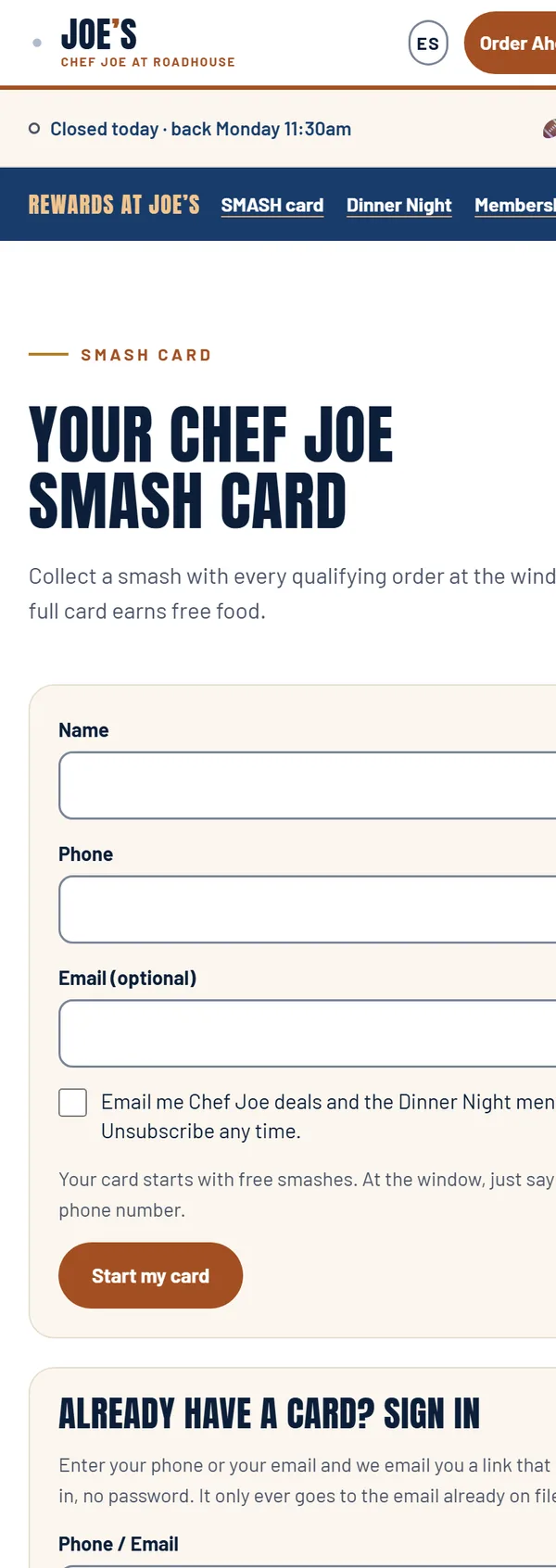 The SMASH card sign-up page: name, phone, optional email, and a Start my card button