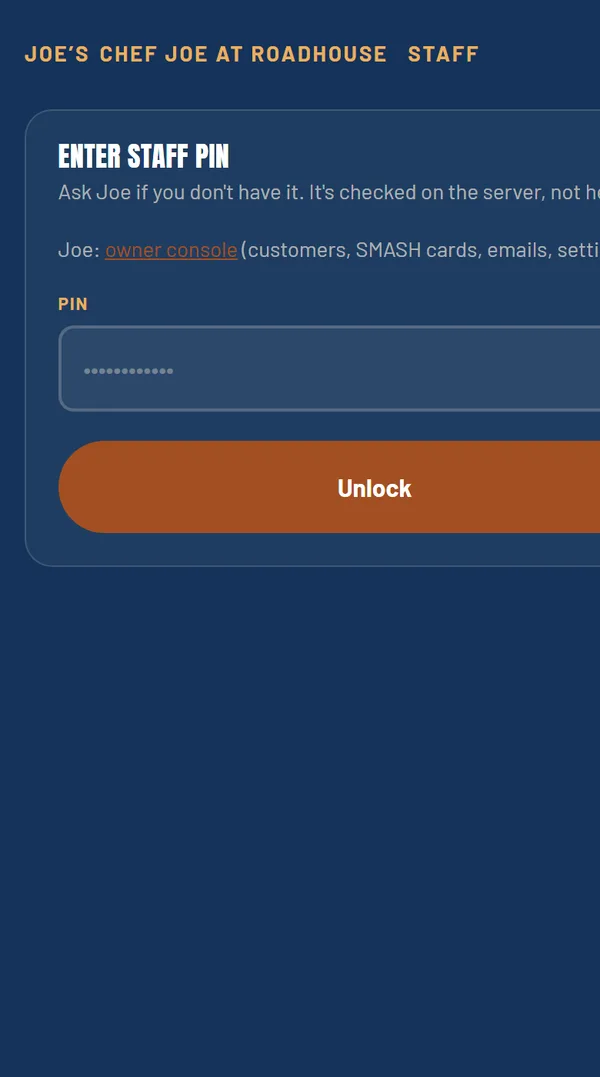 The JOE'S Crew app sign-in: enter staff PIN, with a link to the owner console