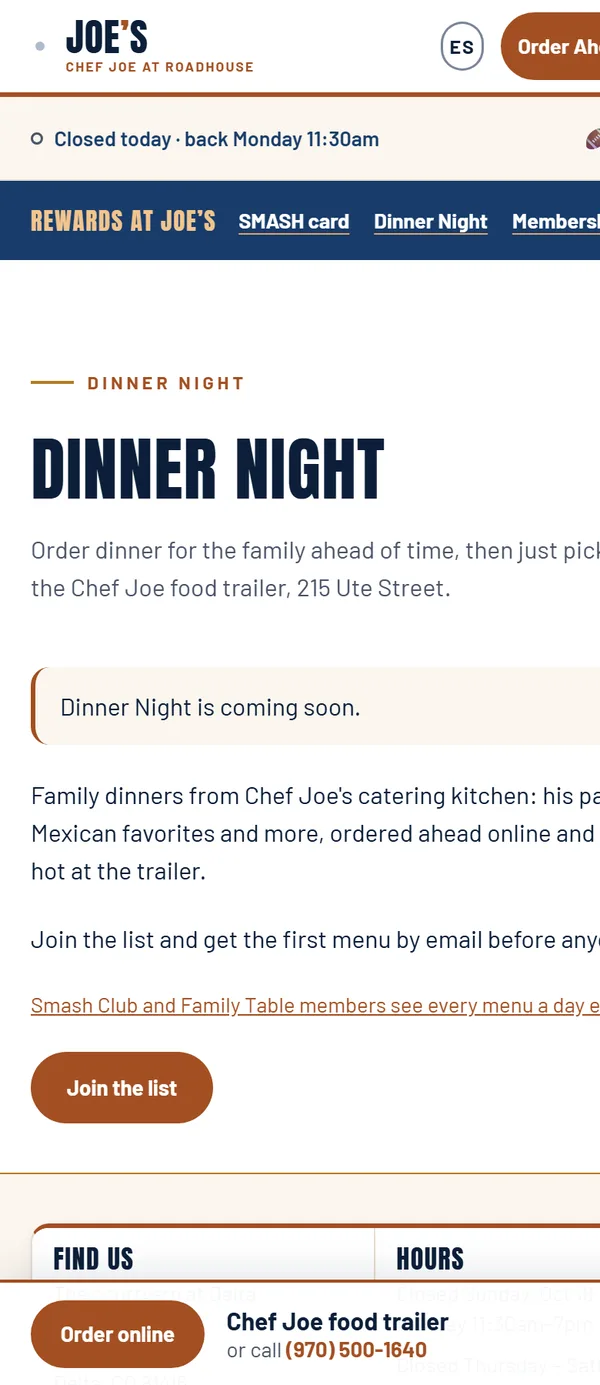 The Dinner Night page: coming soon, family dinners from Chef Joe's catering kitchen, join the list