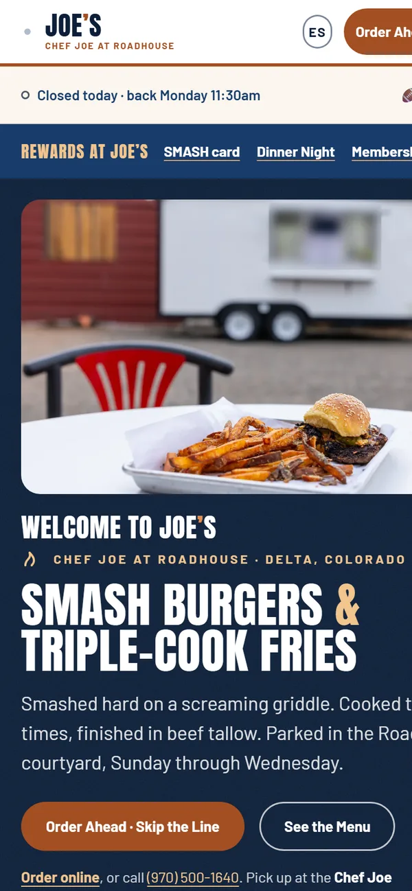 The chefjoeroadhouse.com home page on a phone with the blue Rewards at Joe's banner under the menu: SMASH card, Dinner Night, Memberships from $6