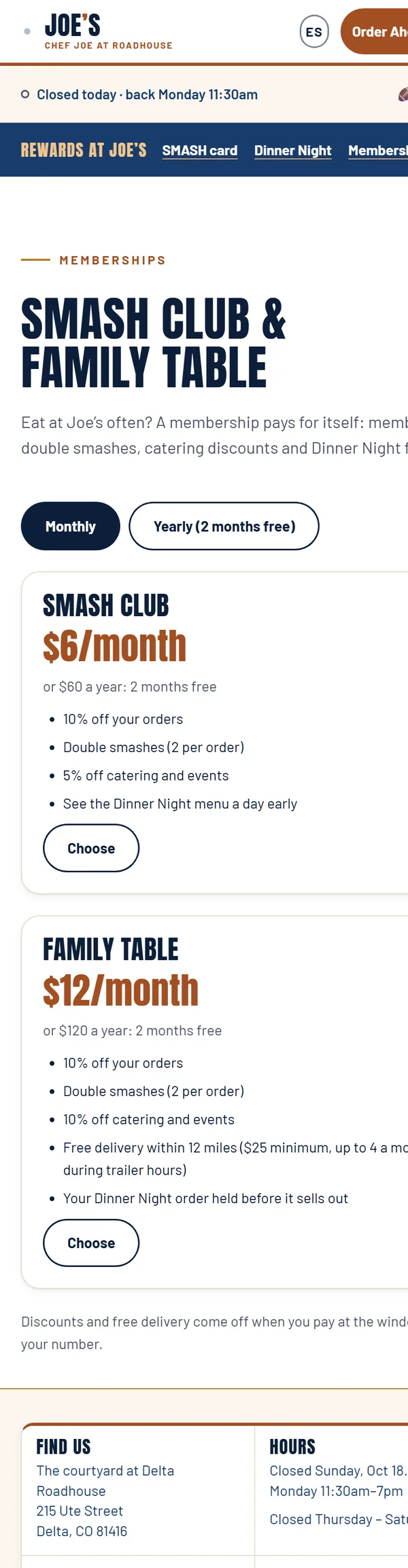 The memberships page: Smash Club $6 a month or $60 a year, Family Table $12 a month or $120 a year, each with its perks and a Choose button